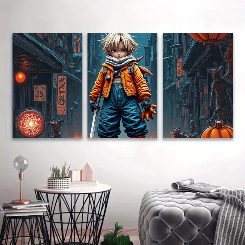 3pcs Boy in the Orange Coat Wall Art Set Canvas Framed 40x60cm - High Quality Print 100% Australian Made Wall Canvas Ready to Hang