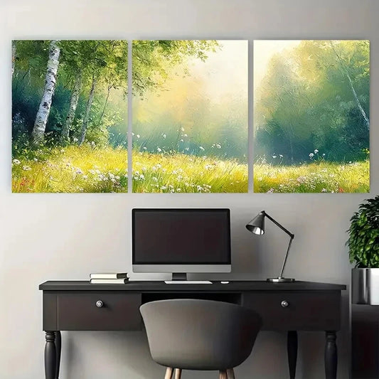 3pcs Vibrant Summer Sunlit Forest Meadow Metal Print Ready to Hang Art