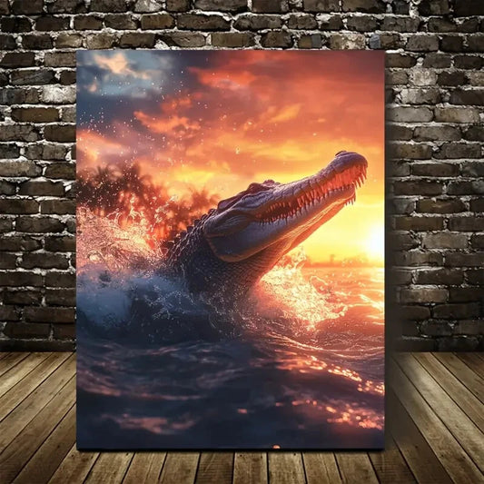 Beautiful Fantasy Crocodile Sunset Scene Painting 40x60cm Metal Print Ready to Hang