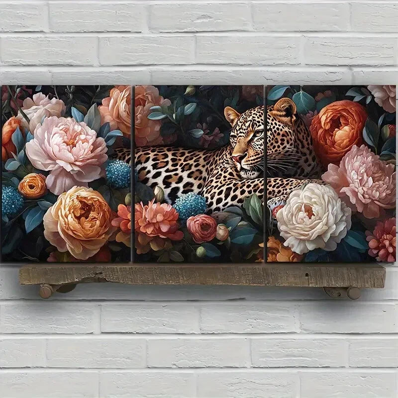 3pcs Leopards in The Flowers Roses Metal Print Ready to Hang Art