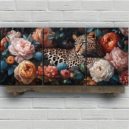 3pcs Leopards in The Flowers Roses Metal Print Ready to Hang Art