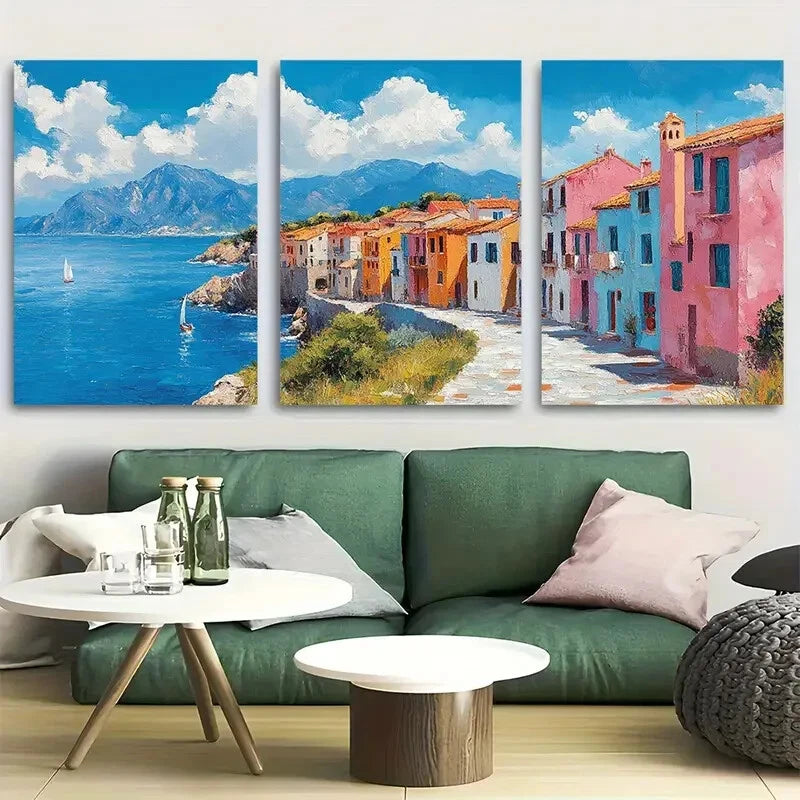 3pcs Colorful Mediterranean Village Metal Print Ready to Hang Art