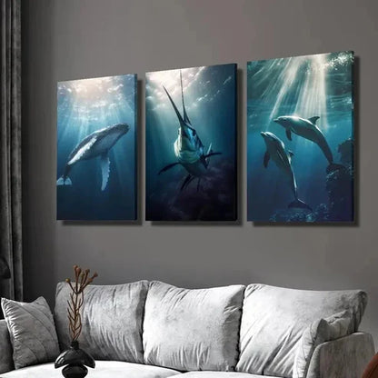 3pcs Diving Whale Swordfish & Dolphins Wall Art Set Canvas Unframed - High Quality Print 100% Australian Made Wall Canvas