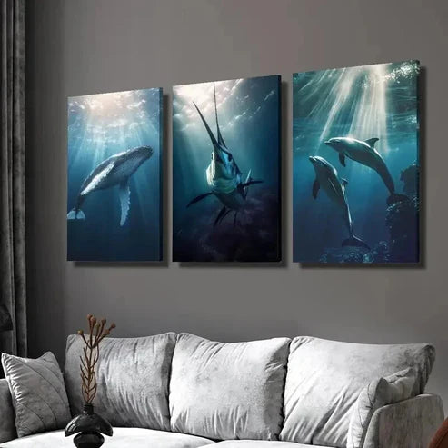 3pcs Diving Whale Swordfish & Dolphins Wall Art Set Canvas Unframed - High Quality Print 100% Australian Made Wall Canvas