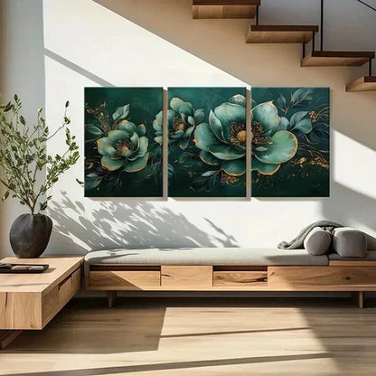 3pcs Teal Floral with Golden Accents Wall Art Canvas Unframed - High Quality Print 100% Australian Made Wall Canvas