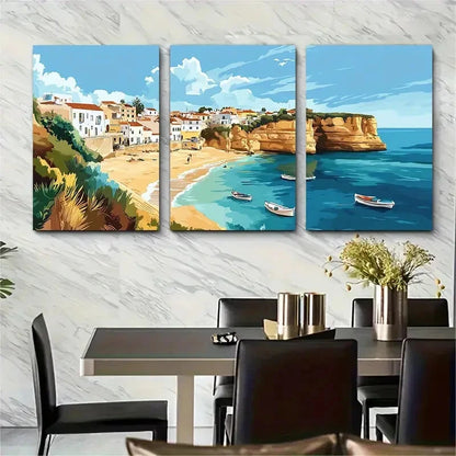 3pcs Portuguese Coastal Scene with White Houses Metal Print Ready to Hang Art