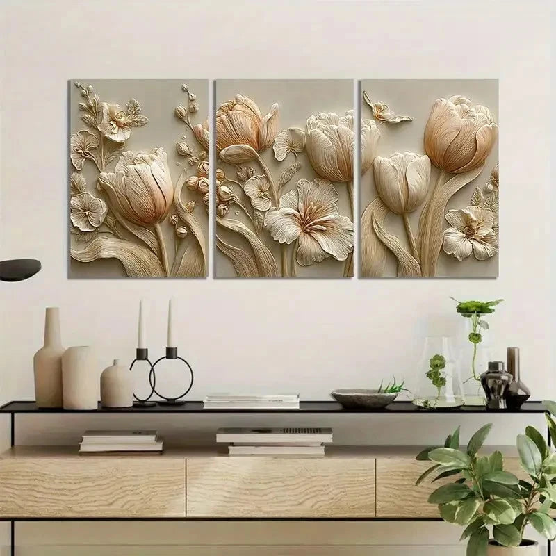 3pcs Embossed Clay Wall Art with Tulips Metal Print Ready to Hang Art
