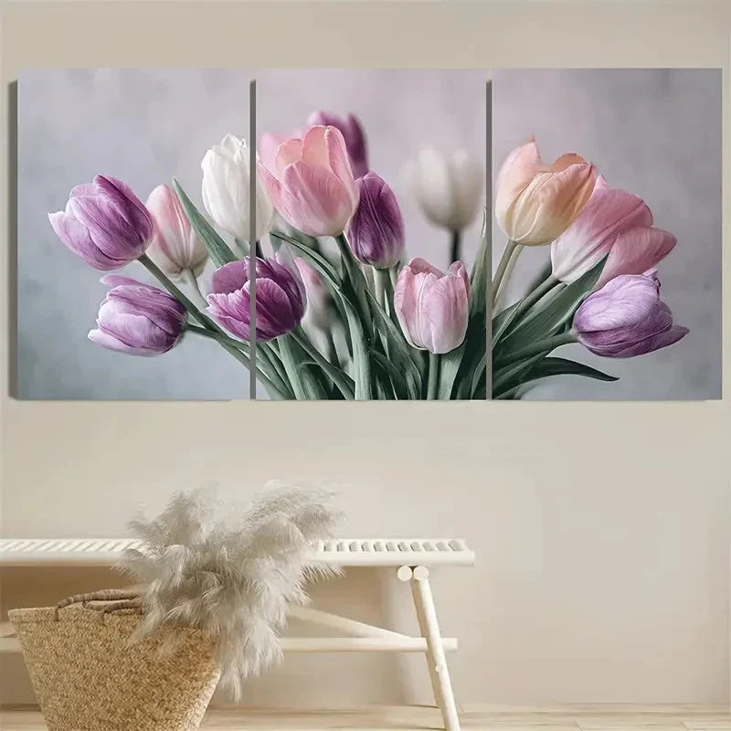 3pcs Dainty Tulip Soft Pastel Floral Wall Art Set Canvas Framed 40x60cm - High Quality Print 100% Australian Made Wall Canvas Ready to Hang
