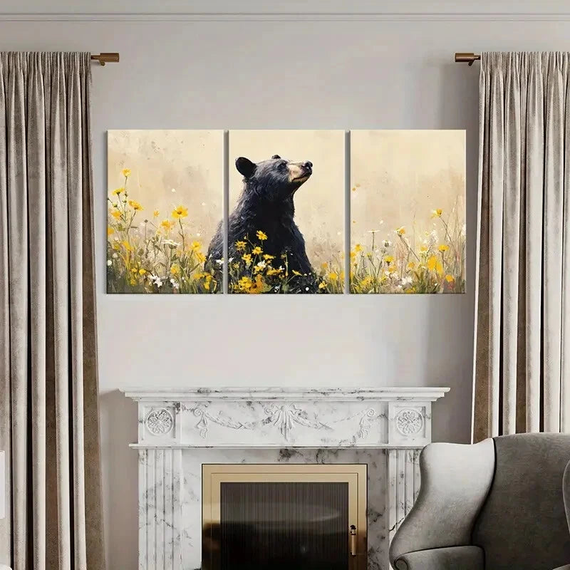 3pcs Artistic Bear Amidst Vibrant Flowers Metal Print Ready to Hang Art