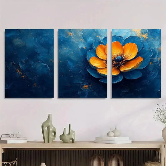 3pcs Vibrant Blue & Yellow Flowers with Glossy Metal Print Ready to Hang Art