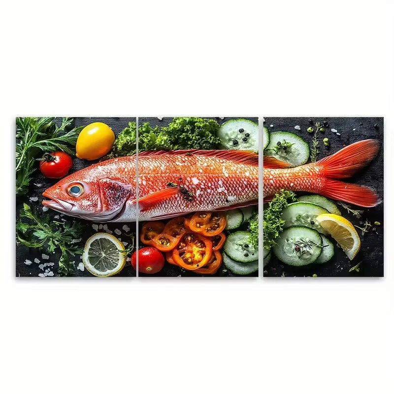 3pcs Red Fish Seafood Vegetables Metal Print Ready to Hang Art