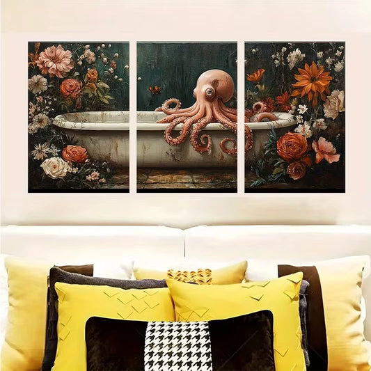 3pcs Octopus in Floral Bathroom Metal Print Ready to Hang Art