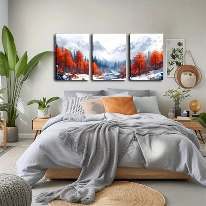 3pcs Red Trees & Misty Valley Snow Perfect Wall Art Set Canvas Framed 40x60cm - High Quality Print 100% Australian Made Wall Canvas Ready to Hang