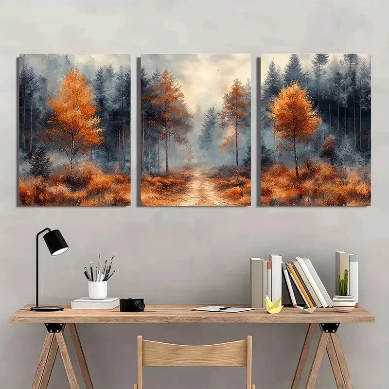 3pcs Woodland Watercolor with Elegant Brown Trees Metal Print Ready to Hang Art