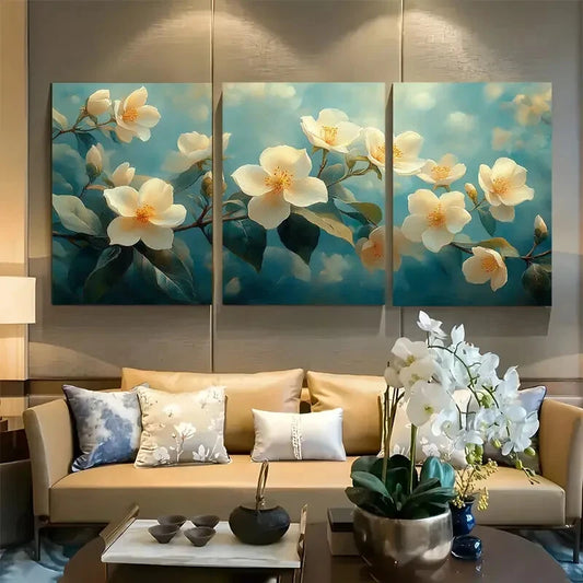 3pcs Jasmine Garden White Florals with Leaves Metal Print Ready to Hang Art