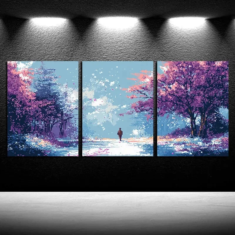 3pcs Vibrant Person in the Forest Pixel Scene Metal Print Ready to Hang Art
