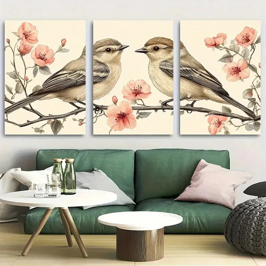 3pcs Romantic Pair of Birds with Flowers Design Metal Print Ready to Hang Art