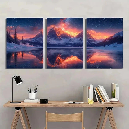 3pcs Starry Sky Above The Snow covered Mountains Wall Art Set Canvas Framed 40x60cm - High Quality Print 100% Australian Made Wall Canvas Ready to Hang
