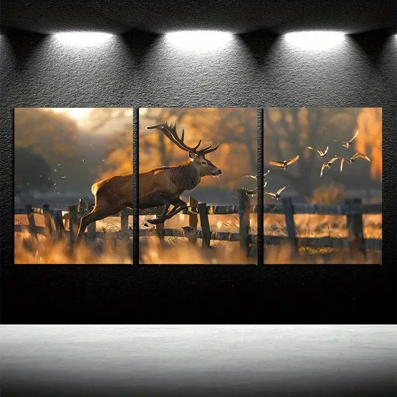 3pcs Deer Jumping off the Fence with Birds Scene Metal Print Ready to Hang Art