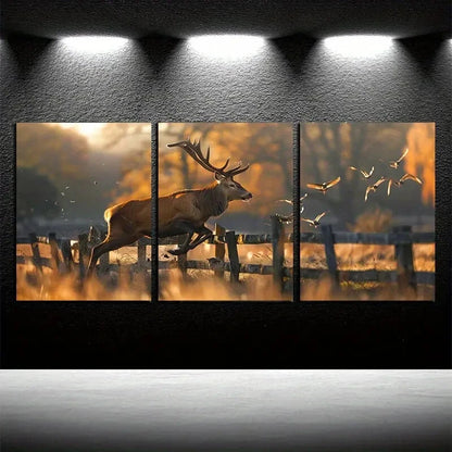 3pcs Deer Jumping off the Fence with Birds Scene Metal Print Ready to Hang Art