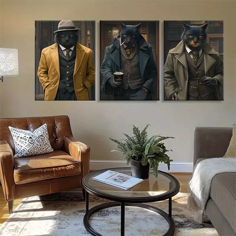 3pcs Elegant Black Cat Classic Suits & Accessorie Metal Print Ready to Hang Art