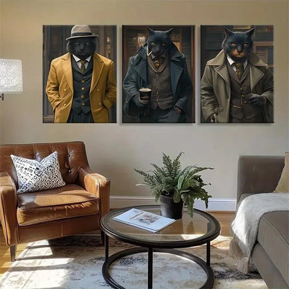 3pcs Elegant Black Cat Classic Suits & Accessorie Metal Print Ready to Hang Art