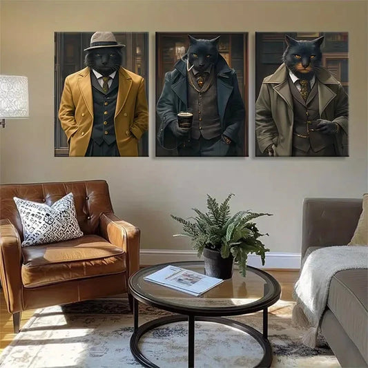 3pcs Elegant Black Cat Classic Suits & Accessorie Metal Print Ready to Hang Art