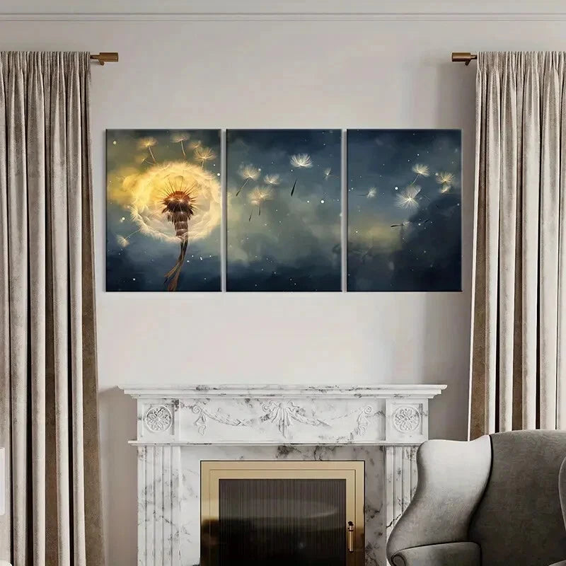 3pcs Dandelion Night Sky Glowing Seeds Ethereal Metal Print Ready to Hang Art