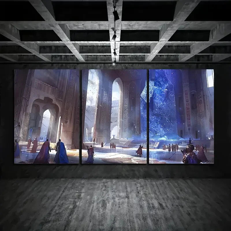 3pcs Fantasy Ancient Hall High Pillar Arch Metal Print Ready to Hang Art