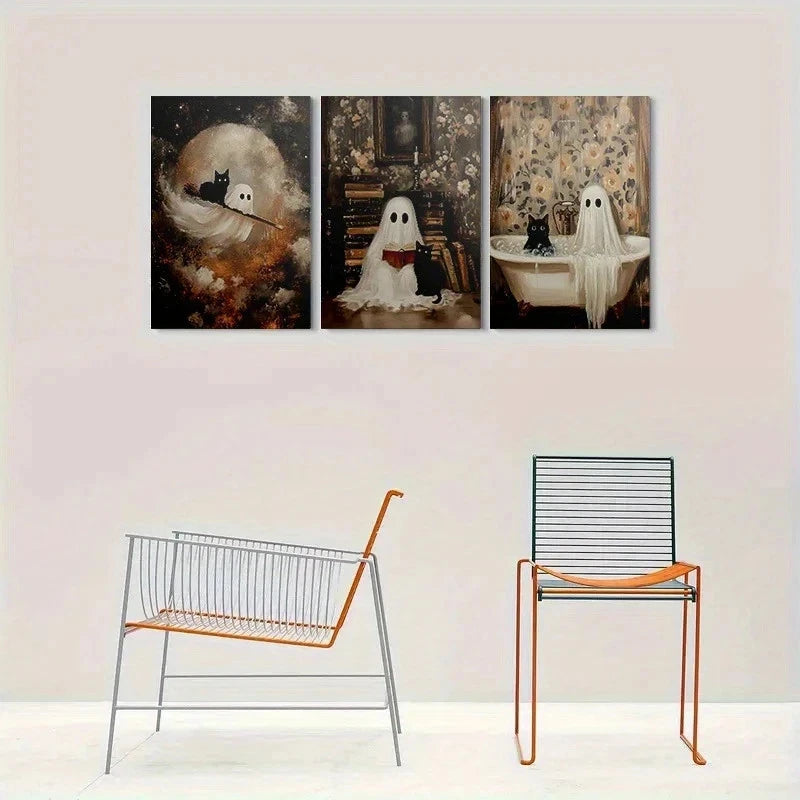 3pcs Spooky Halloween Ghosts with Black Cat Metal Print Ready to Hang Art