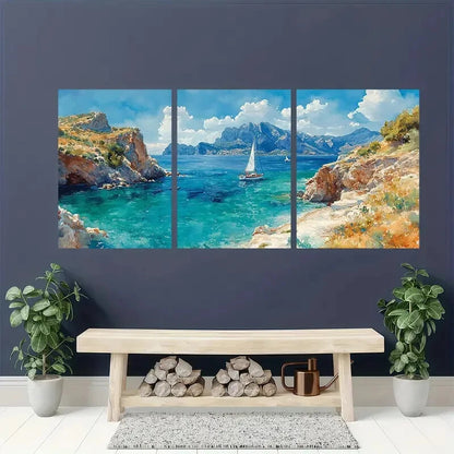 3pcs Italian Coastal Landscape with Sailboat Metal Print Ready to Hang Art