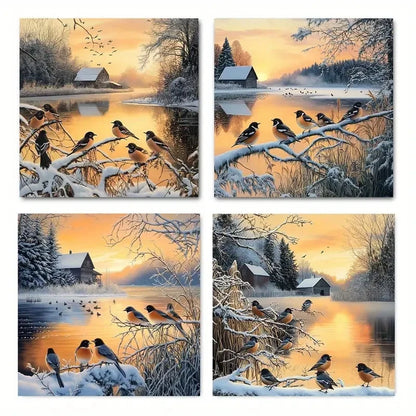 4pcsSerene Winter BirdsWall Art Canvas Framed