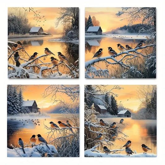 4pcsSerene Winter BirdsWall Art Canvas Framed