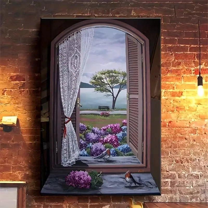 Floral & Bird Window Scenery Oil Painting 60x90cm Metal Print Ready to Hang
