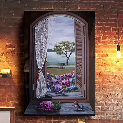 Floral & Bird Window Scenery Oil Painting 60x90cm Metal Print Ready to Hang