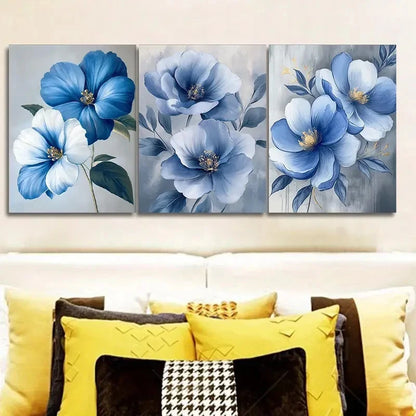 3pcs Paintings Featuring Blue Flowers Metal Print Ready to Hang Art