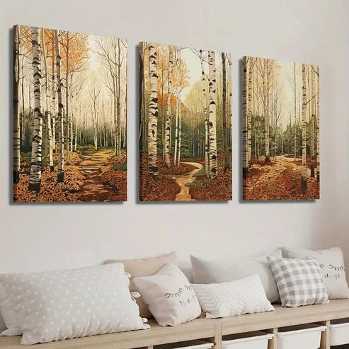 3pcs Autumnal Birch Trees & Fall Foliage Wall Art Set Canvas Unframed - High Quality Print 100% Australian Made Wall Canvas