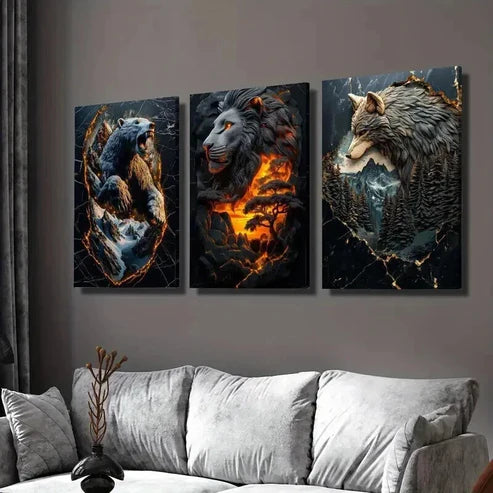 3pcs Statues of Lion Bear and Wolf  Wall Art Set Canvas Unframed - High Quality Print 100% Australian Made Wall Canvas