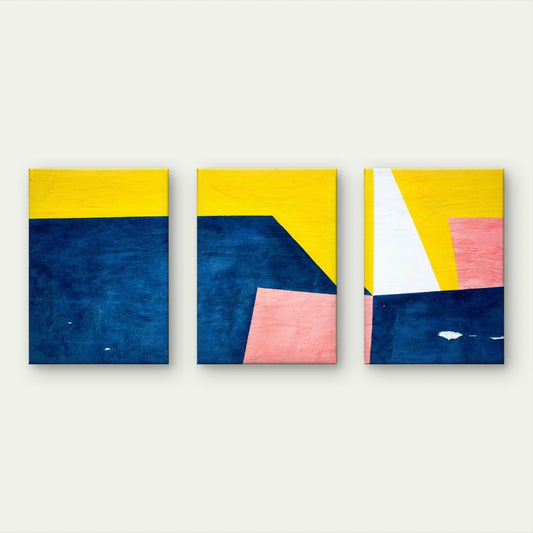 3pcs Blue, Yellow, and Pink Geometric Abstract Wall Art Set Canvas Framed 50x70cm - High Quality Print 100% Australian Made Wall Canvas Ready to Hang
