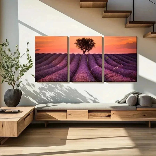 3pcs Vibrant Lavender Field with Sunset Wall Art Set Canvas Framed 40x60cm - High Quality Print 100% Australian Made Wall Canvas Ready to Hang