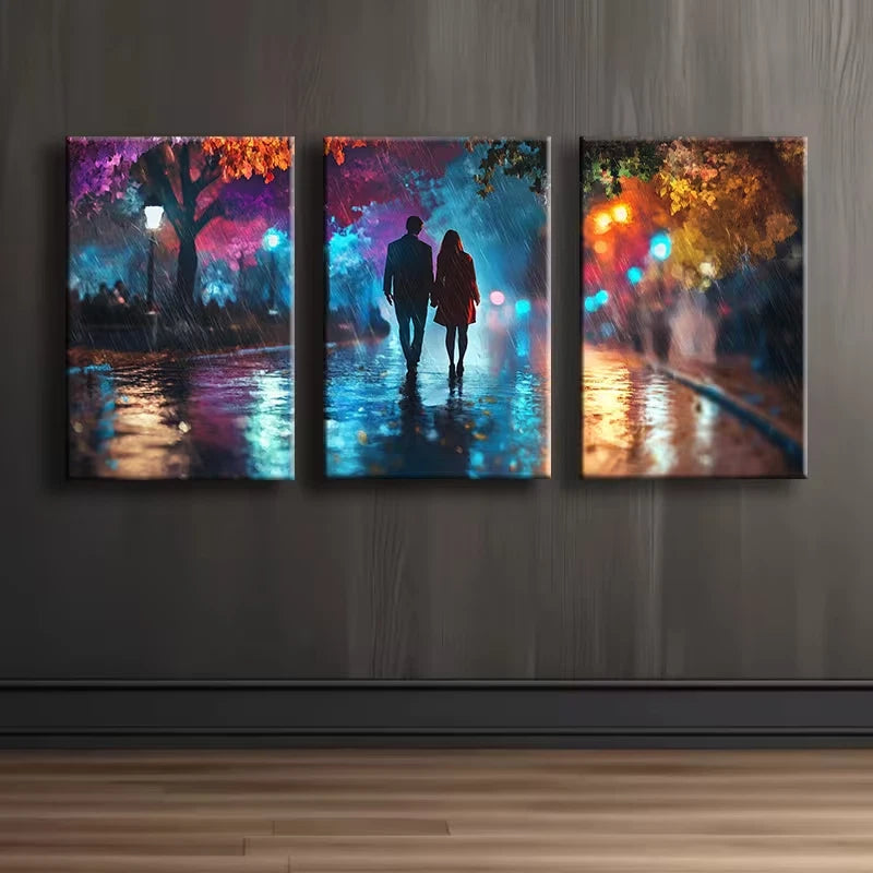 3pcs Lovers taking a walk in Vibrant Street Wall Art Set Canvas Framed 60x90cm - High Quality Print 100% Australian Made Wall Canvas Ready to Hang