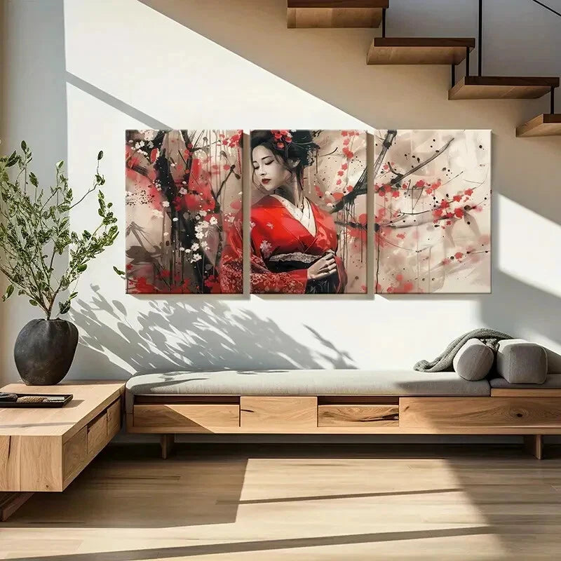 3pcs Kimono Cherry Blossoms Japanese Traditional Metal Print Ready to Hang Art