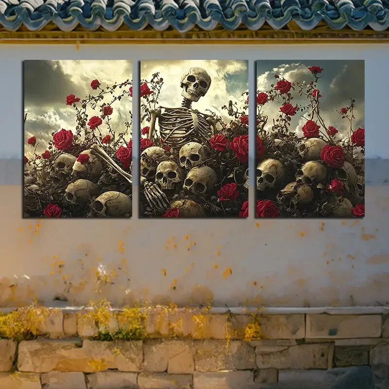 3pcs Skeleton Amidst Blooming Roses, Gothic Floral Metal Print Ready to Hang Art