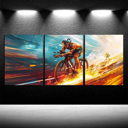 3pcs Dynamic Bicycle Vibrant Cyclist Design Metal Print Ready to Hang Art