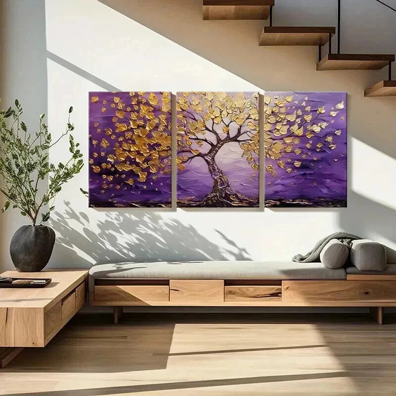 3pcs Abstract Golden Tree Purple Sky Wall Art Set Canvas Framed 50x70cm - High Quality Print 100% Australian Made Wall Canvas Ready to Hang