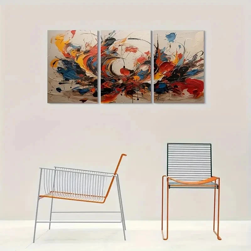 3pcs Swirls & Splashes Red Blue Yellow & Black Metal Print Ready to Hang Art