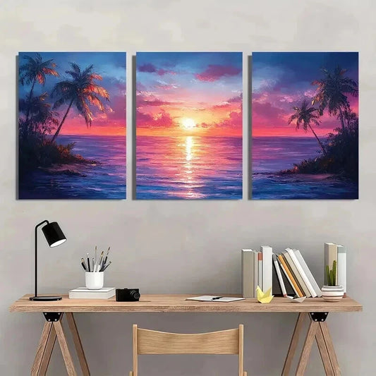 3pcs Vibrant Palm Tree Sunset & Ocean Wall Art Set Canvas Framed 40x60cm - High Quality Print 100% Australian Made Wall Canvas Ready to Hang