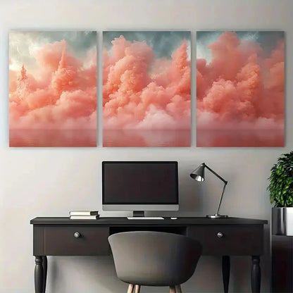 3pcs Pastel Coral Pink Abstract Smoke Explosion Metal Print Ready to Hang Art