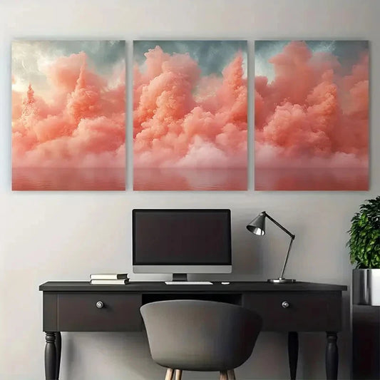 3pcs Pastel Coral Pink Abstract Smoke Explosion Metal Print Ready to Hang Art