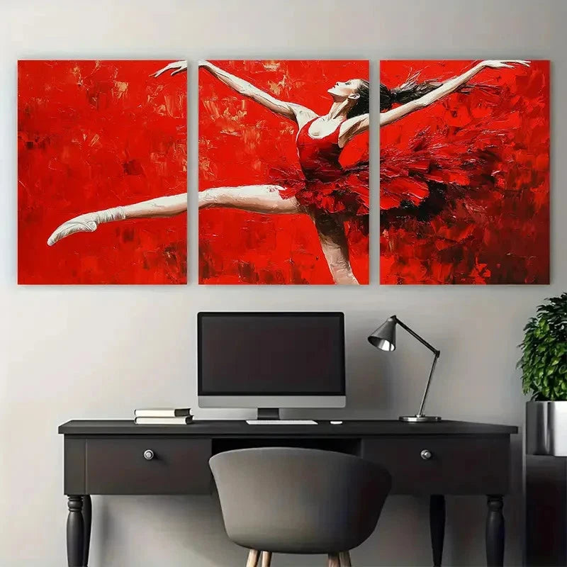 3pcs Ballerina in Red Dancing Woman Modern Design Metal Print Ready to Hang Art